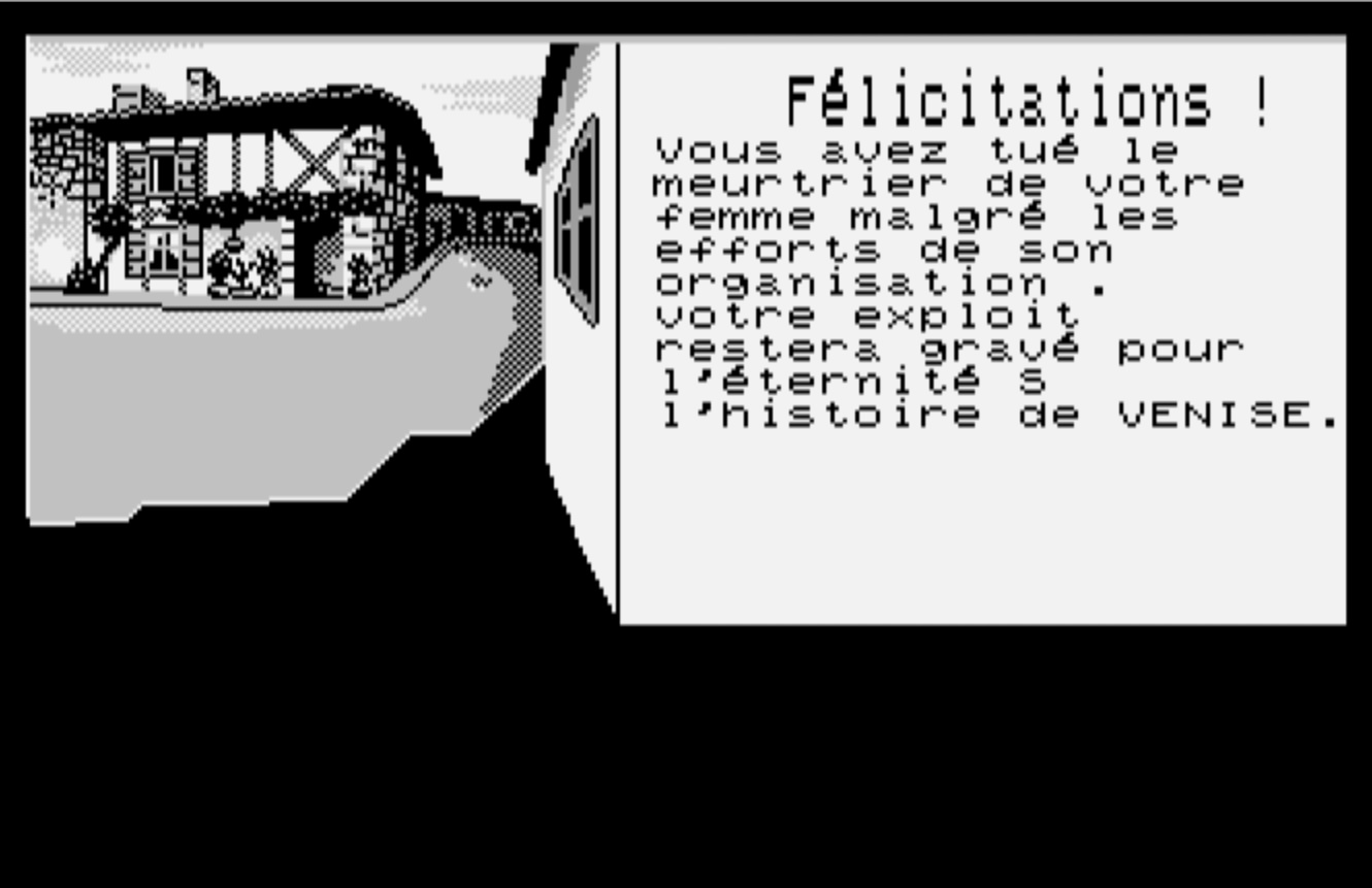 L'écran de fin du jeu, avec la belle coquille qui fait bien. Et ensuite, c'est retour au Basic. Aussi expéditif que le sens de la justice de notre personnage.
